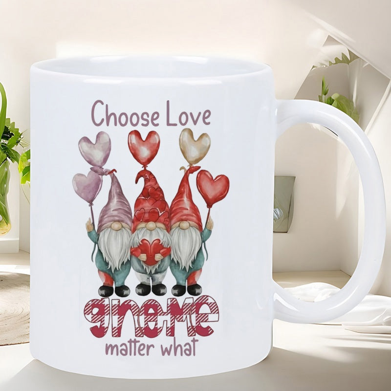 Tailorly White Ceramic 11 oz Mug - Choose Love Gnome Matter What Three Adorable Watercolor Gnomes Holding Heart Shaped Balloons Wearing Festive Hats Gnome