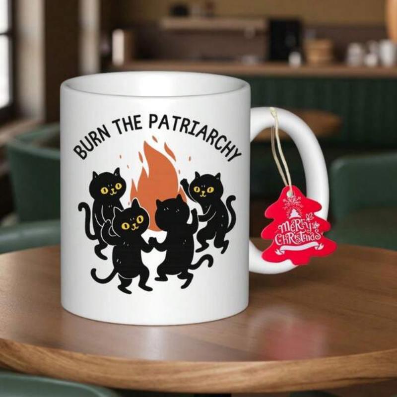 Tailorly White Ceramic 11 oz Mug - Burn The Patriarchy Four Whimsical Black Cats Dancing Around A Vibrant Glowing Campfire Cat