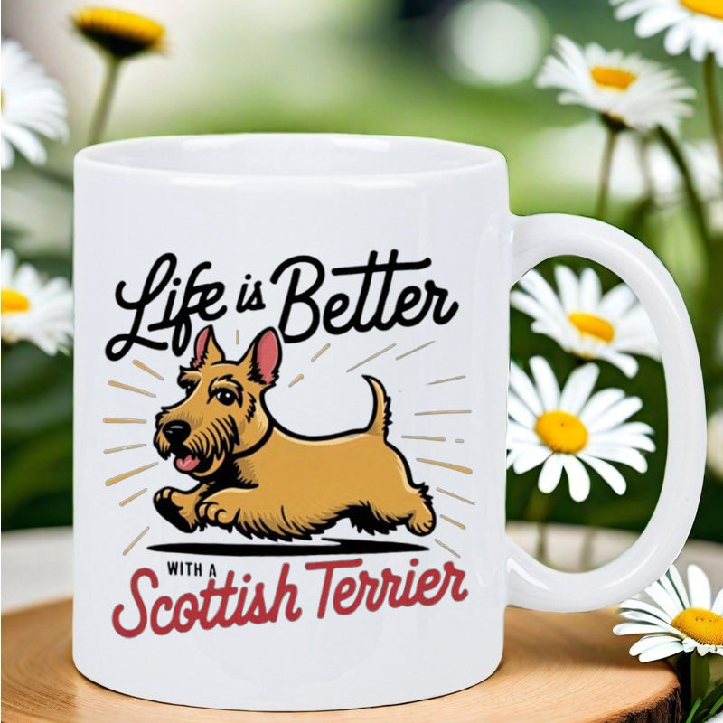 Tailorly White Ceramic 11 oz Mug - Life Is Better With A Scottish Terrier Happy Cartoon Dog Running Joyfully On White Surface With Energy Terrier