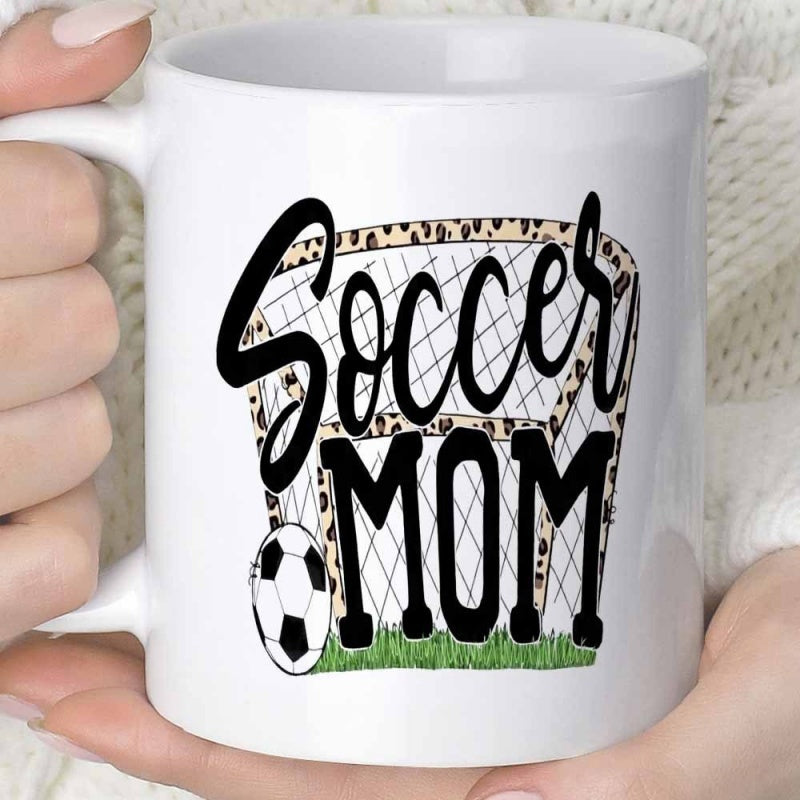 Tailorly White Ceramic 11 oz Mug - Soccer Mom Soccer Goal Featuring Leopard Print Pattern Beside Sporty Classic White Ball Mug