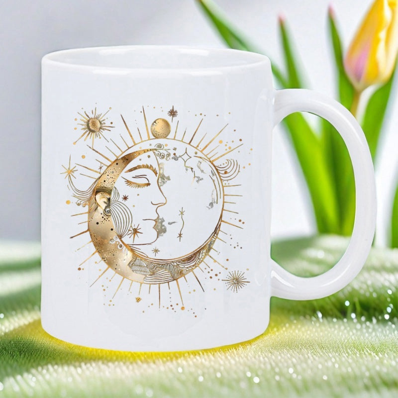 Tailorly White Ceramic 11 oz Mug - Celestial Golden Sunbeams Shining Behind A Sleeping Mystic Crescent Profile Moon