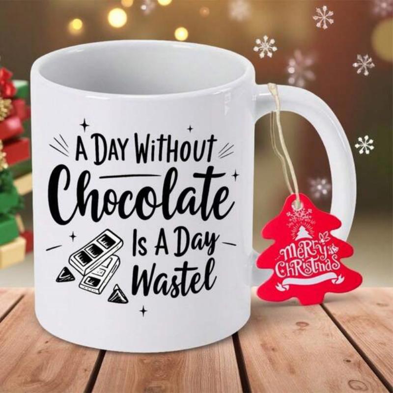Tailorly White Ceramic 11 oz Mug - A Day Without Chocolate Is A Day Wasted Merry Christmas Hand Drawn Minimalist Illustration Featuring Sweet Tasty Bars Among