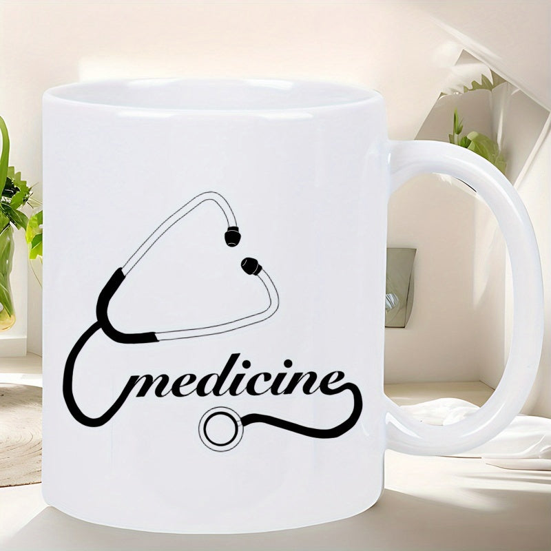 Tailorly White Ceramic 11 oz Mug - Medicine Minimalist Black Line Stethoscope Symbol Integrated With Script Mug