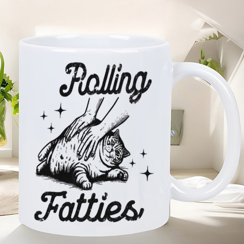 Tailorly White Ceramic 11 oz Mug - Rolling Fatties Hands Kneading A Round Chubby Feline With Tiny Twinkling Sparkles Cat