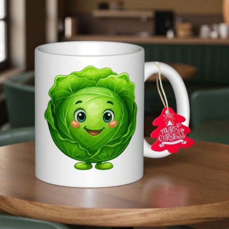 Tailorly White Ceramic 11 oz Mug - Merry Christmas Cute Smiling Green Vegetable Character With Big Eyes And Tiny Feet Cabbage