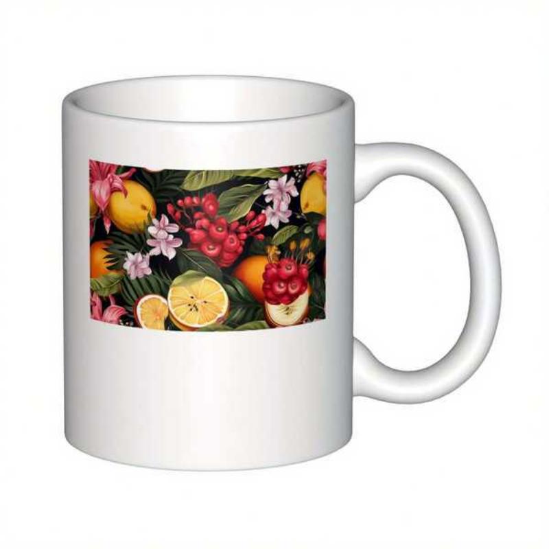 Tailorly White Ceramic 11 oz Mug - Vibrant Tropical Botanical Pattern Featuring Sliced Oranges And Exotic Pink Flowers Pattern