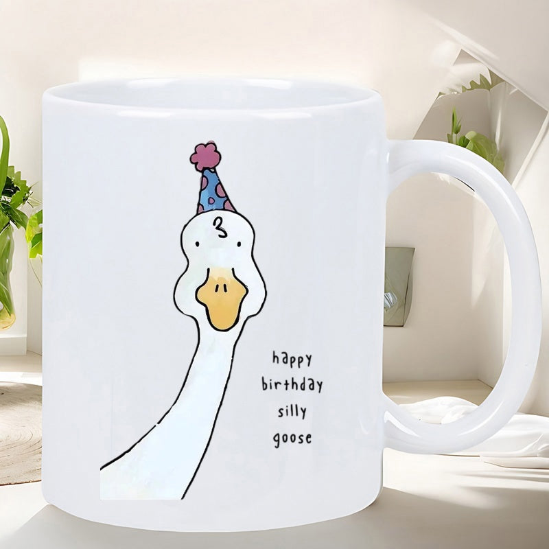Tailorly White Ceramic 11 oz Mug - Happy Birthday Silly Goose Hand Drawn Minimalist Cartoon Waterfowl Wearing Colorful Polka Dot Party Hat Goose