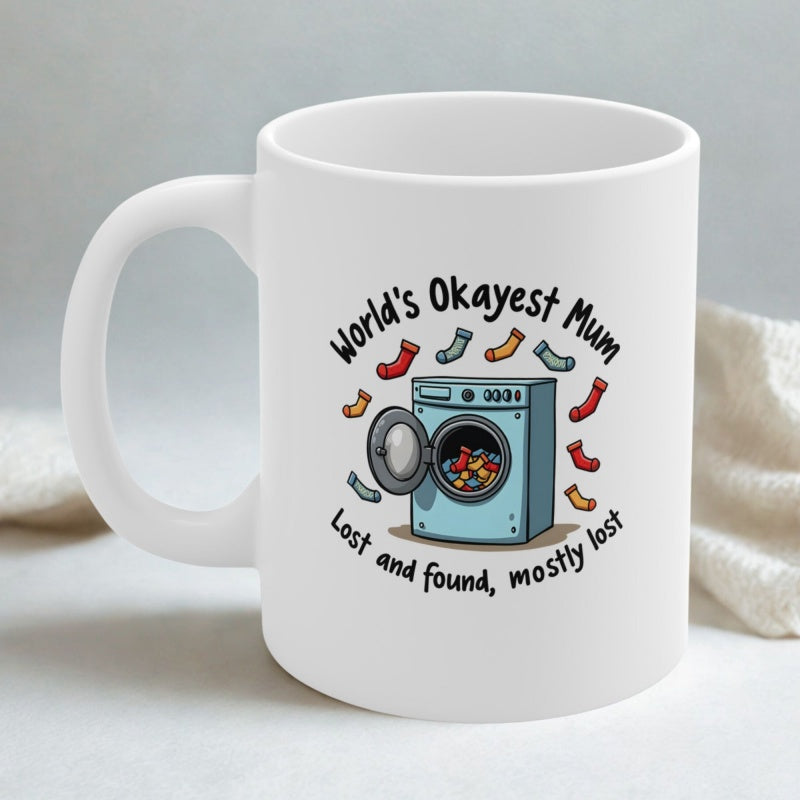 Tailorly White Ceramic 11 oz Mug - World's Okayest Mum Lost And Found Mostly Lost Vintage Blue Laundry Appliance With Colorful Flying Socks On Plain Background