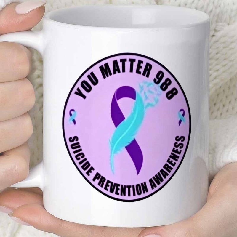 Tailorly White Ceramic 11 oz Mug - You Matter 988 Suicide Prevention Awareness Soft Teal Feather Gracefully Intertwined With A Symbolic Purple Awareness Ribbon