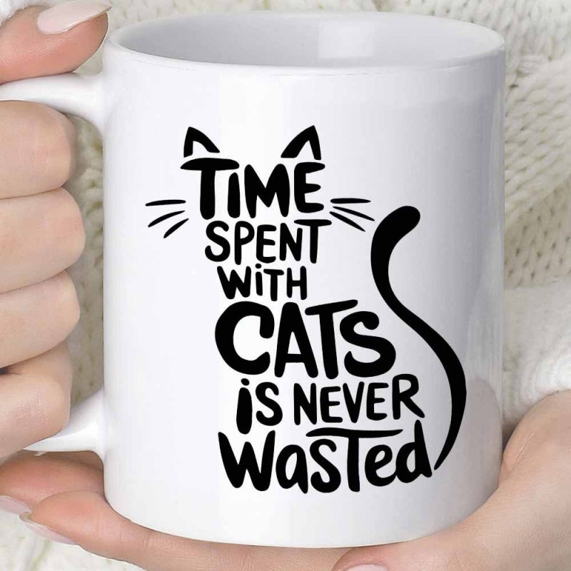 Tailorly White Ceramic 11 oz Mug - Time Spent With Cats Is Never Wasted Minimalist Black Ink Silhouette Featuring Whiskers And Curving Tail Cat