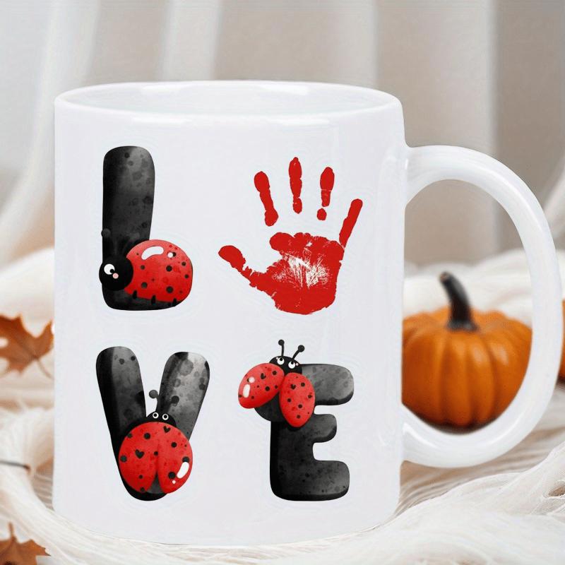 Tailorly White Ceramic 11 oz Mug - Love Adorable Red Ladybugs Crawling On Black Watercolor Letters With Little Handprint Ladybug