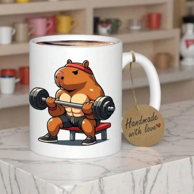 Tailorly White Ceramic 11 oz Mug - Muscular Gym Themed Animal Sitting On Red Bench Lifting Heavy Barbell Capybara