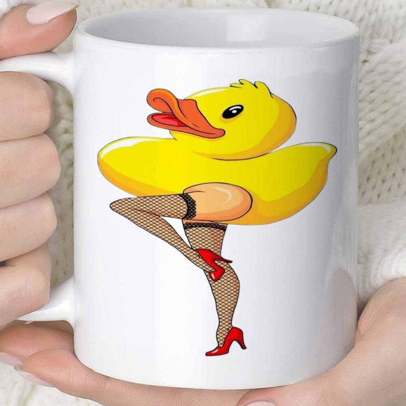 Tailorly White Ceramic 11 oz Mug - Quirky Vibrant Yellow Character Wearing Fishnet Stockings And Red High Heels Duck