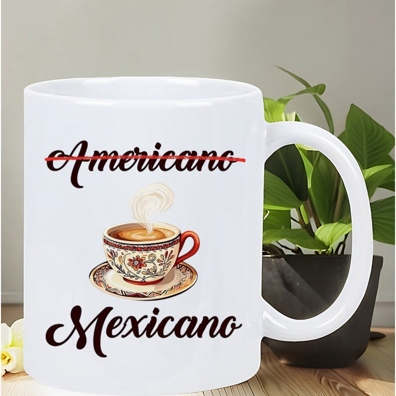 Tailorly White Ceramic 11 oz Mug - Americano Mexicano Elegant Floral Detailed Ceramic Vessel With Warm Steam Rising Above Cup