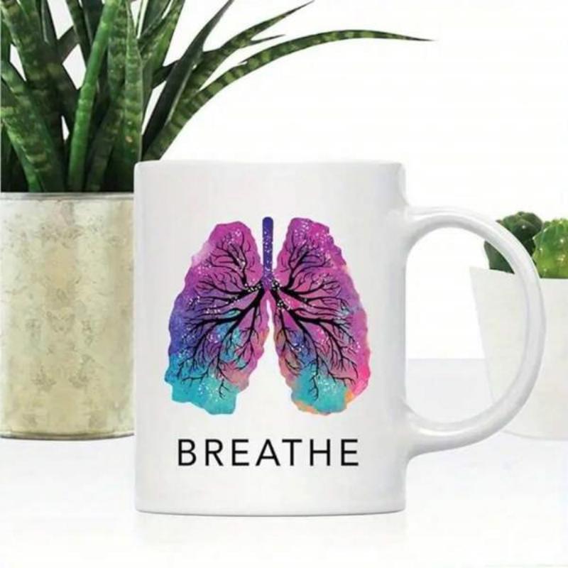 Tailorly White Ceramic 11 oz Mug - Breathe Artistic Watercolor Human Anatomy Design With Purple And Blue Hues Lungs