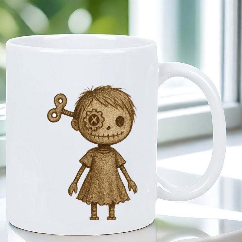 Tailorly White Ceramic 11 oz Mug - Vintage Clockwork Burlap Texture Featuring Gear Eye And Wind Up Doll