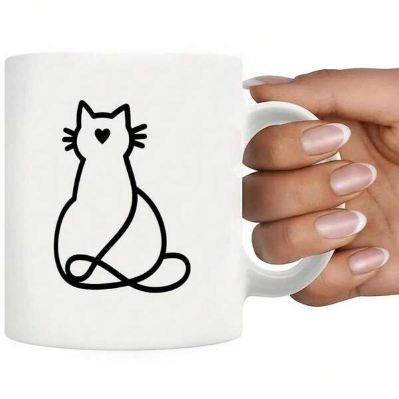 Tailorly White Ceramic 11 oz Mug - Minimalist Black Line Art Drawing With Sweet Heart Shaped Nose Cat