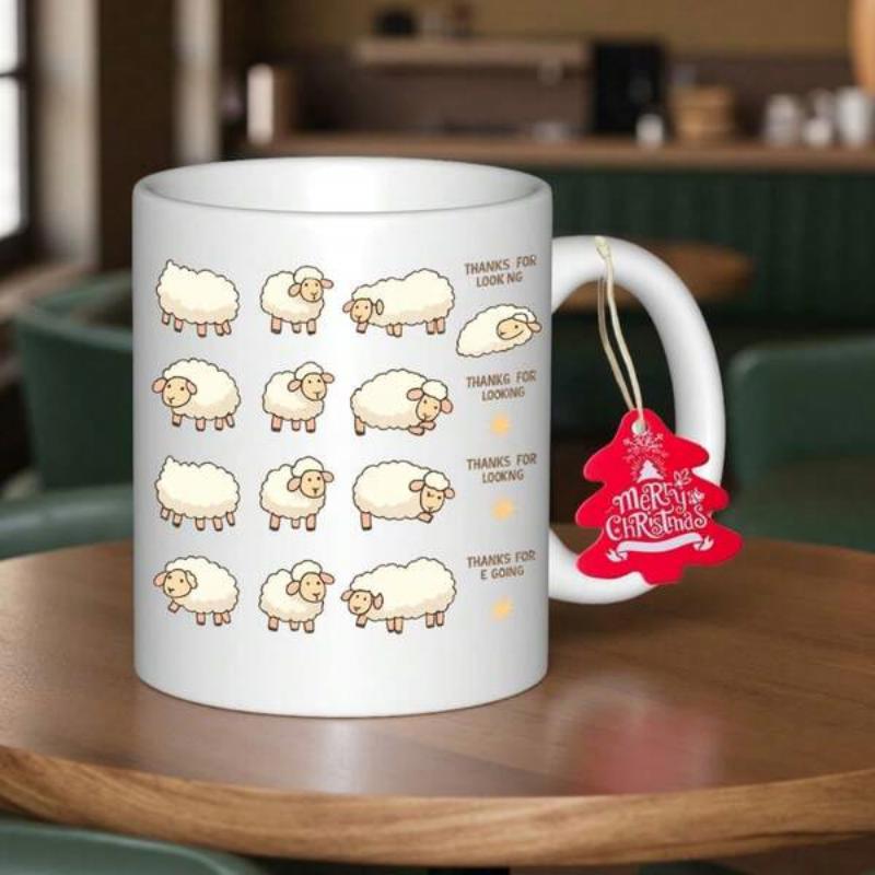 Tailorly White Ceramic 11 oz Mug - Small Medium Large Coffee Merry Christmas Rows Of Fluffy White Hand Drawn Cartoon Lambs Sheep