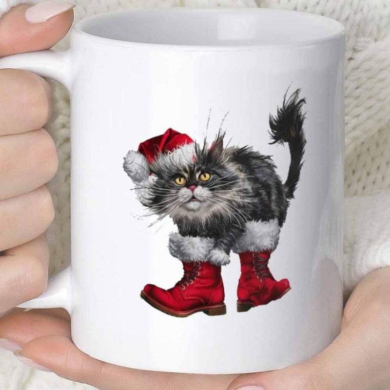 Tailorly White Ceramic 11 oz Mug - Festive Fluffy Black Feline Wearing Santa Hat And Red Boots Cat