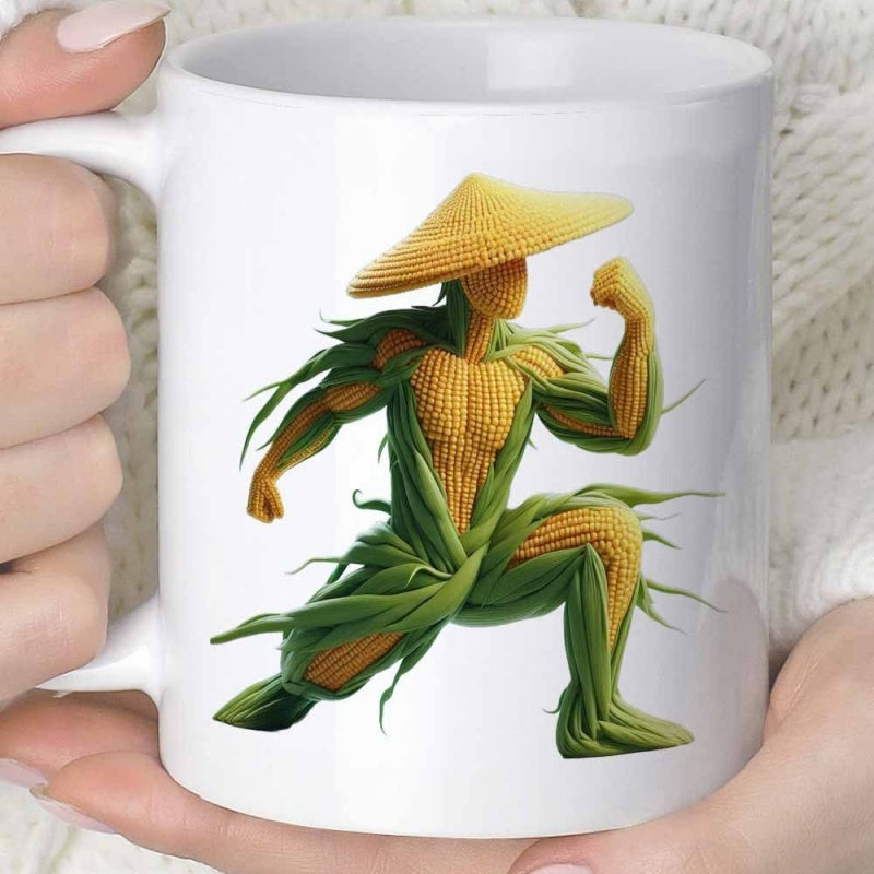 Tailorly White Ceramic 11 oz Mug - Powerful Corn Humanoid Wearing Green Husks And A Conical Hat Warrior