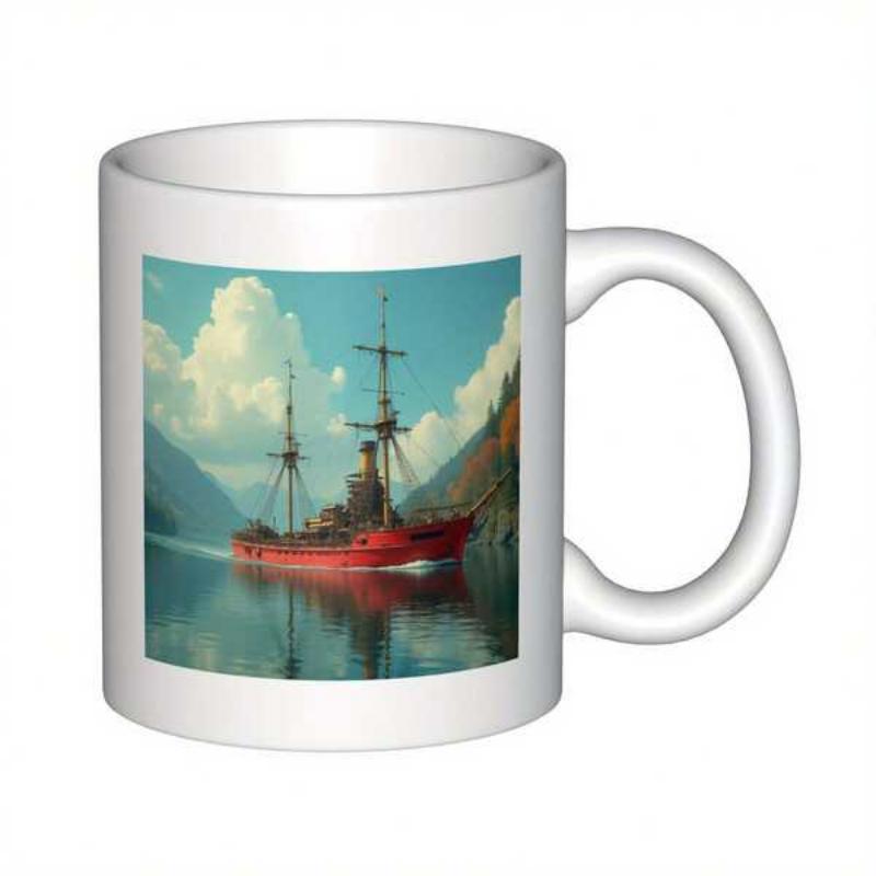 Tailorly White Ceramic 11 oz Mug - Vintage Red Ship Sailing Through Calm Blue Waters Beneath Majestic Mountains Ship
