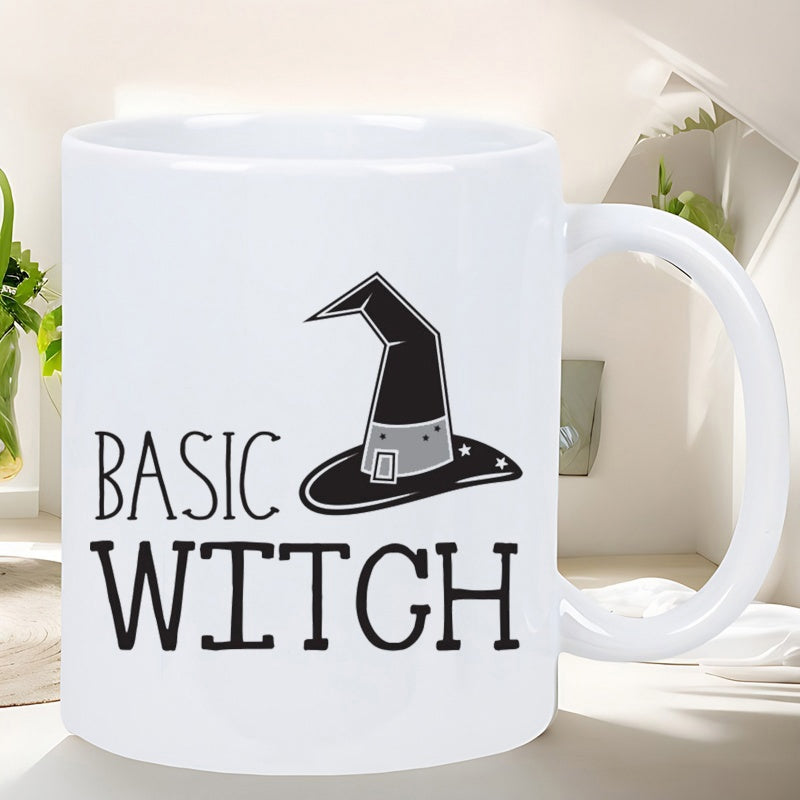 Tailorly White Ceramic 11 oz Mug - Basic Witch Pointed Minimalist Black Graphics For Spooky Halloween Festive Season Hat