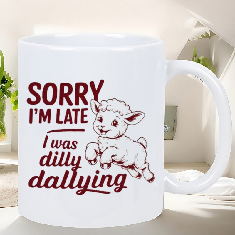 Tailorly White Ceramic 11 oz Mug - Sorry I'm Late I Was Dilly Dallying Fluffy White Cartoon Animal Jumping With A Joyful Expression And Playful Stance Lamb