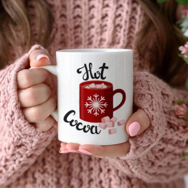 Tailorly White Ceramic 11 oz Mug - Hot Cocoa Red Beverage Cup With White Snowflake And Pink Mini Marshmallows Mug