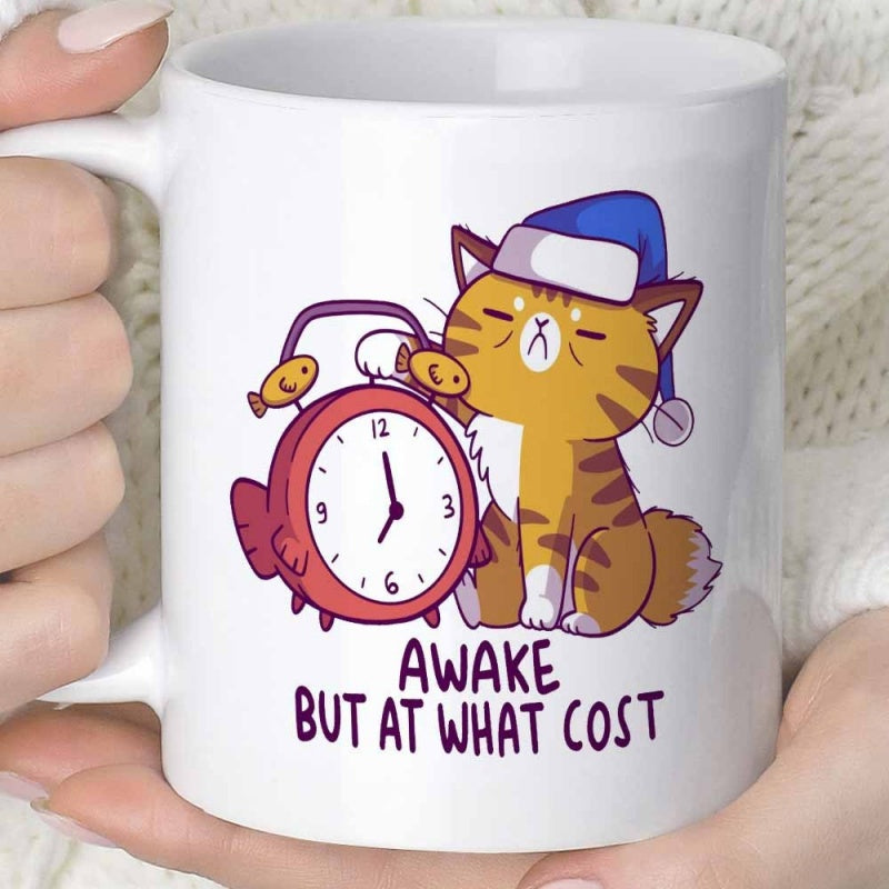 Tailorly White Ceramic 11 oz Mug - Awake But At What Cost Sleepy Ginger Tabby Wearing Blue Nightcap Beside Red Alarm Clock Cat