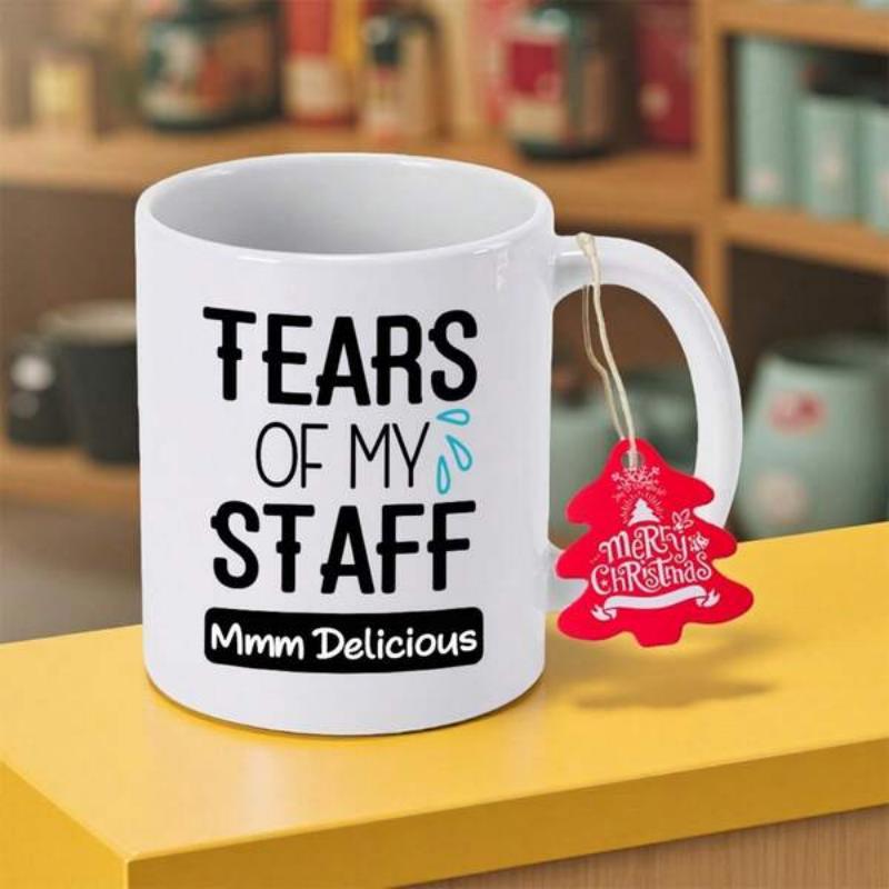 Tailorly White Ceramic 11 oz Mug - Tears Of My Staff Mmm Delicious Featuring Bold Stylized Text Accompanied By Blue Water Droplets On Clean Background Sign