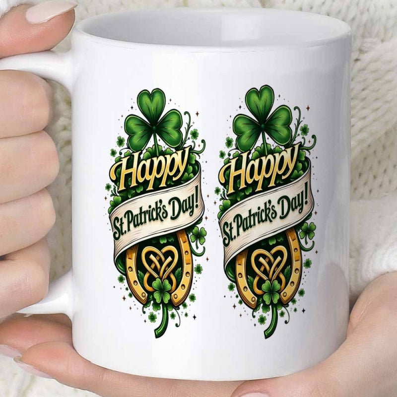 Tailorly White Ceramic 11 oz Mug - Happy St Patricks Day Festive Green Shamrocks And Golden Horseshoe Design With Ornamental Banner Clover