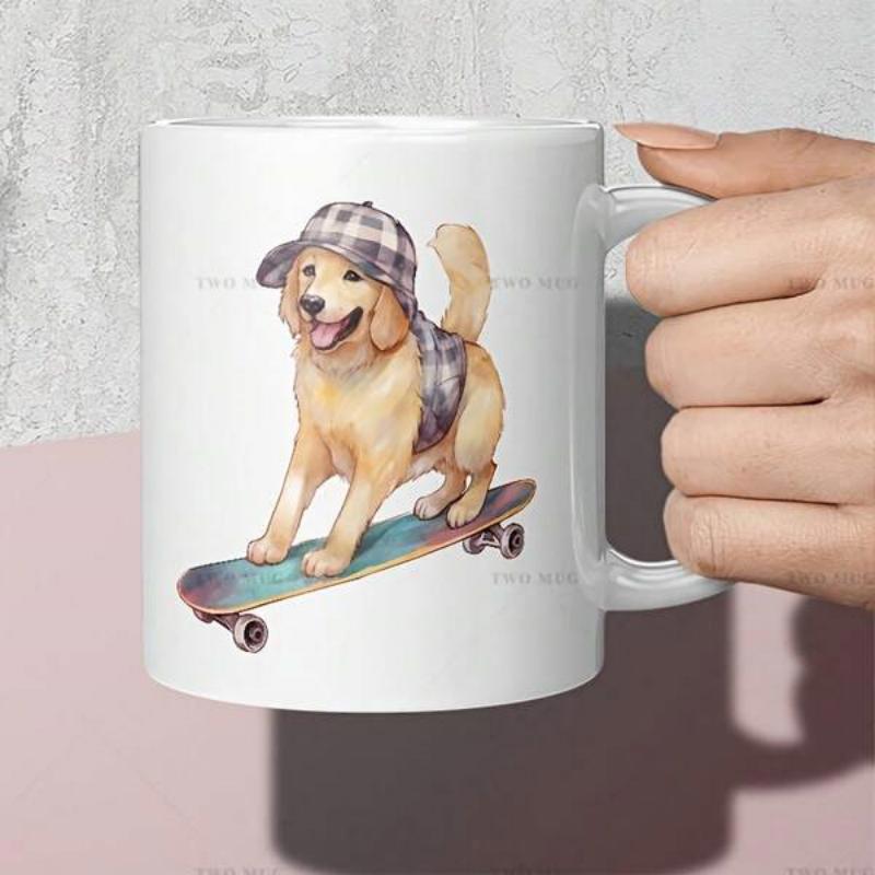 Tailorly White Ceramic 11 oz Mug - Adorable Golden Retriever Riding A Skateboard Wearing A Plaid Hat And Vest Dog