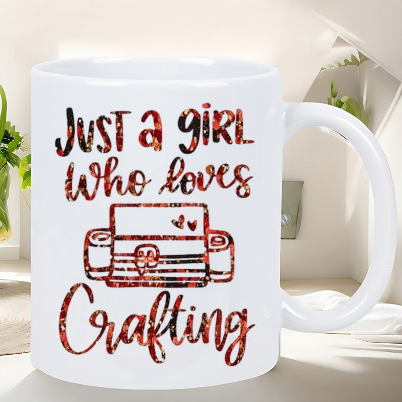 Tailorly White Ceramic 11 oz Mug - Just A Girl Who Loves Crafting Simple Stylized Electronic Cutting Machine With Hearts And Checkered Texture Patterns Crafting