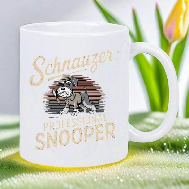 Tailorly White Ceramic 11 oz Mug - Schnauzer Professional Snooper Adorable Cartoon Detective Wearing Hat Holding Large Magnifying Glass Schnauzer