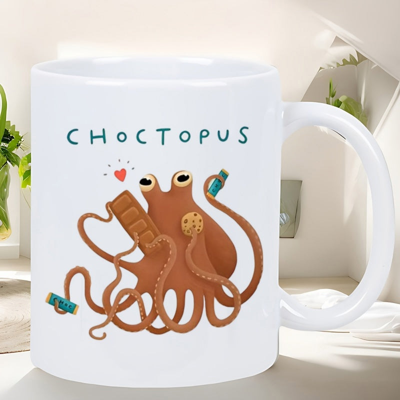 Tailorly White Ceramic 11 oz Mug - Choctopus Cute Brown Sea Creature Holding Chocolate Bars And Tasty Cookies Octopus