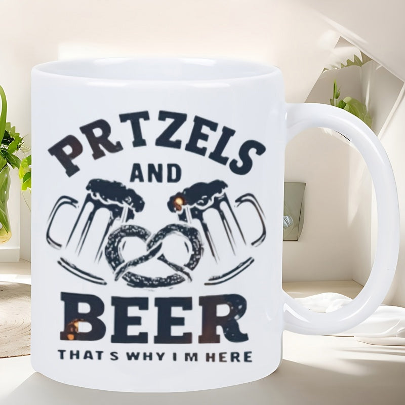Tailorly White Ceramic 11 oz Mug - Pretzels And Beer Thats Why Im Here Classic Foaming Glass Mugs Clinking Behind A Salty Hearty Twisted Snack Beer Mug