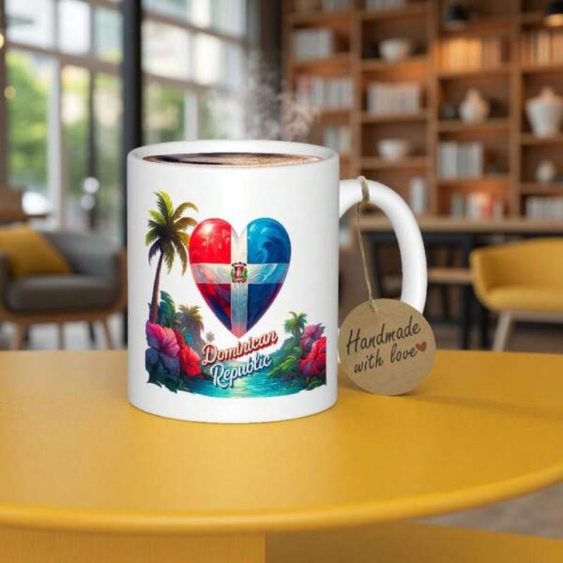 Tailorly White Ceramic 11 oz Mug - Dominican Republic Tropical Paradise Scene With Vibrant Palm Trees And Patriotic Flag Heart