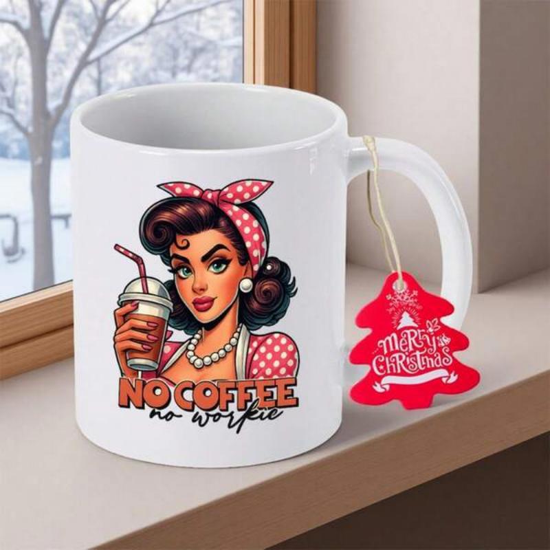 Tailorly White Ceramic 11 oz Mug - No Coffee No Workie Merry Christmas Vintage Style Lady Holding Drink Wearing Red Polka Dot Bandana Woman