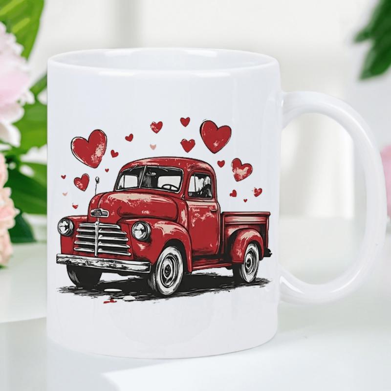 Tailorly White Ceramic 11 oz Mug - Vintage Red Pickup Surrounded By Floating Hearts In Artistic Style Truck