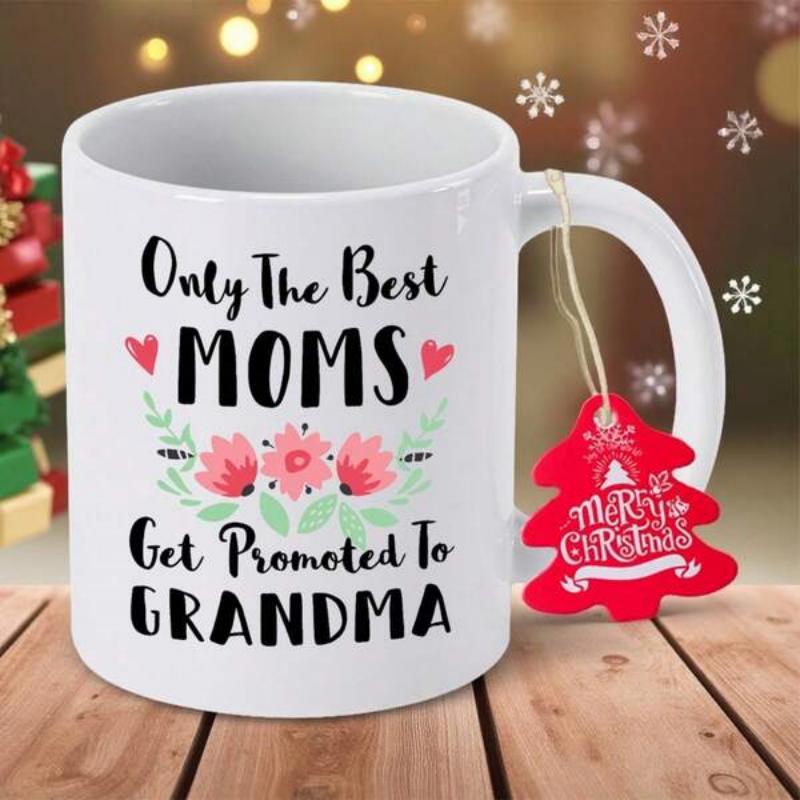 Tailorly White Ceramic 11 oz Mug - Only The Best Moms Get Promoted To Grandma With Floral Accents And Decorative Red Hearts Mug