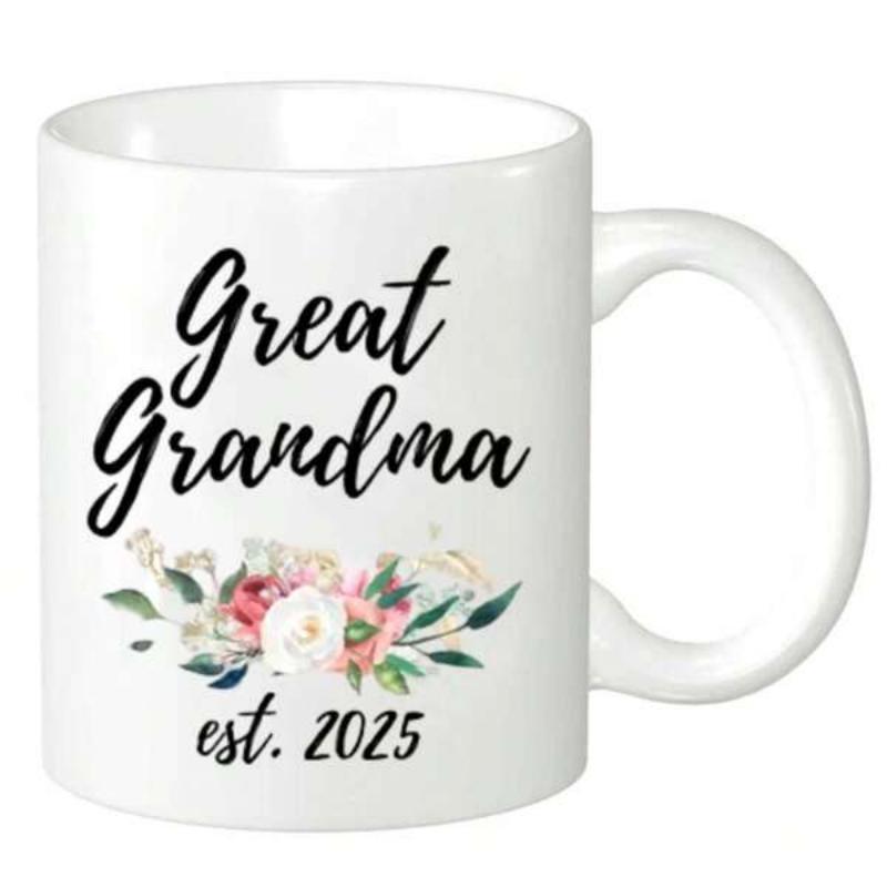 Tailorly White Ceramic 11 oz Mug - Great Grandma Est 2025 Beautiful Soft Pink And White Watercolor Flowers With Green Leaves Bouquet