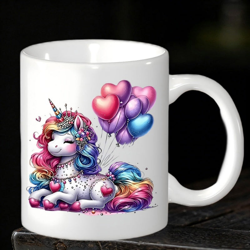 Tailorly White Ceramic 11 oz Mug - Magical Colorful Rainbow Mane With Heart Shaped Balloons Floating Above Cute Unicorn