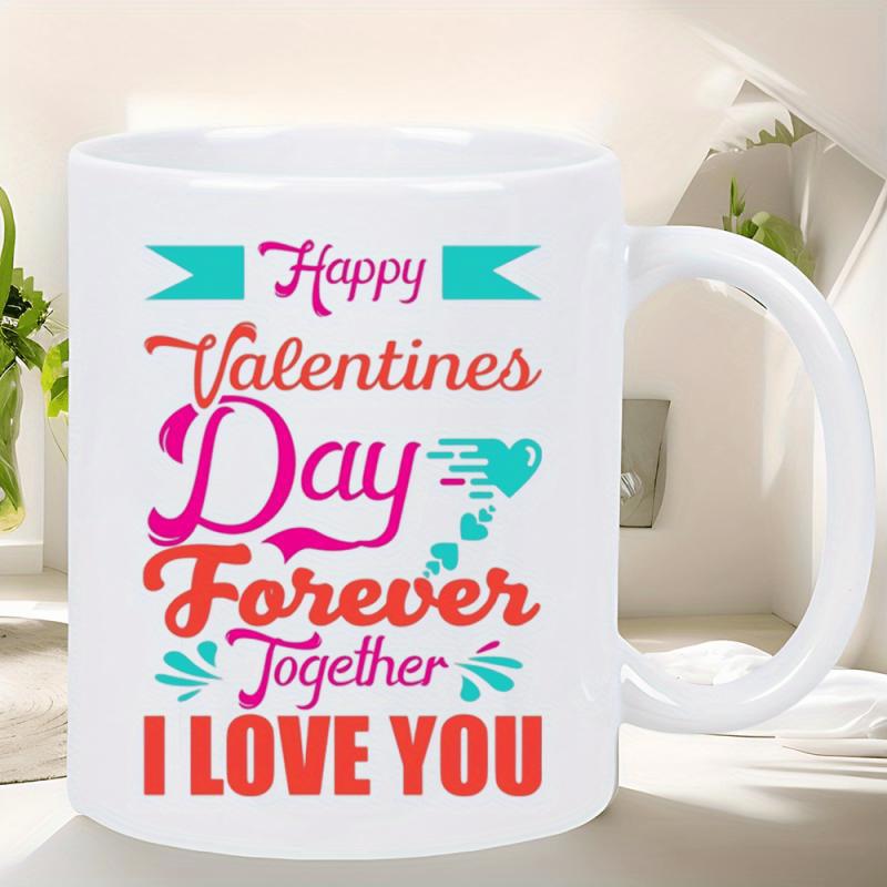 Tailorly White Ceramic 11 oz Mug - Happy Valentines Day Forever Together I Love You Colorful Romantic Typography Featuring Heart And Ribbon Elements Mug