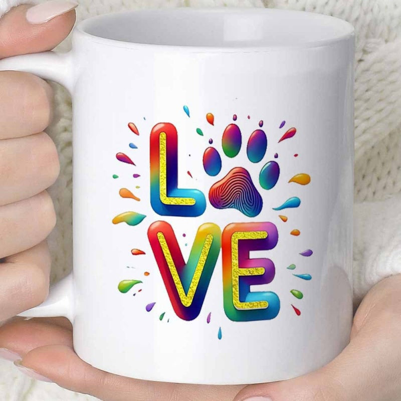 Tailorly White Ceramic 11 oz Mug - Love Vibrant Rainbow Textured Letters Featuring Colorful Artistic Paint Splashes Near A Paw Print