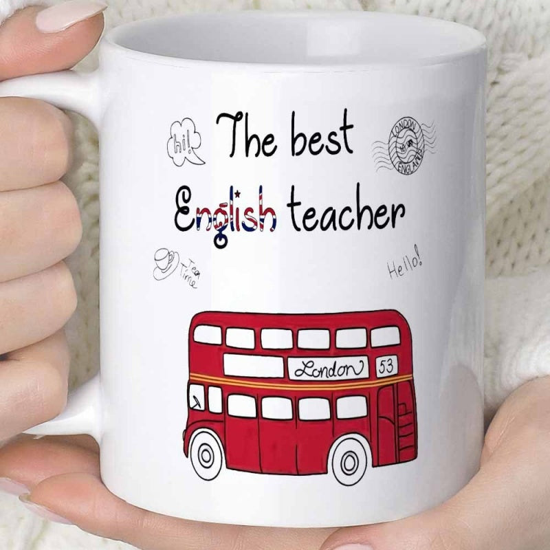 Tailorly White Ceramic 11 oz Mug - The Best English Teacher Iconic Red Double Decker Vehicle Traveling Through City Streets London Transit Bus