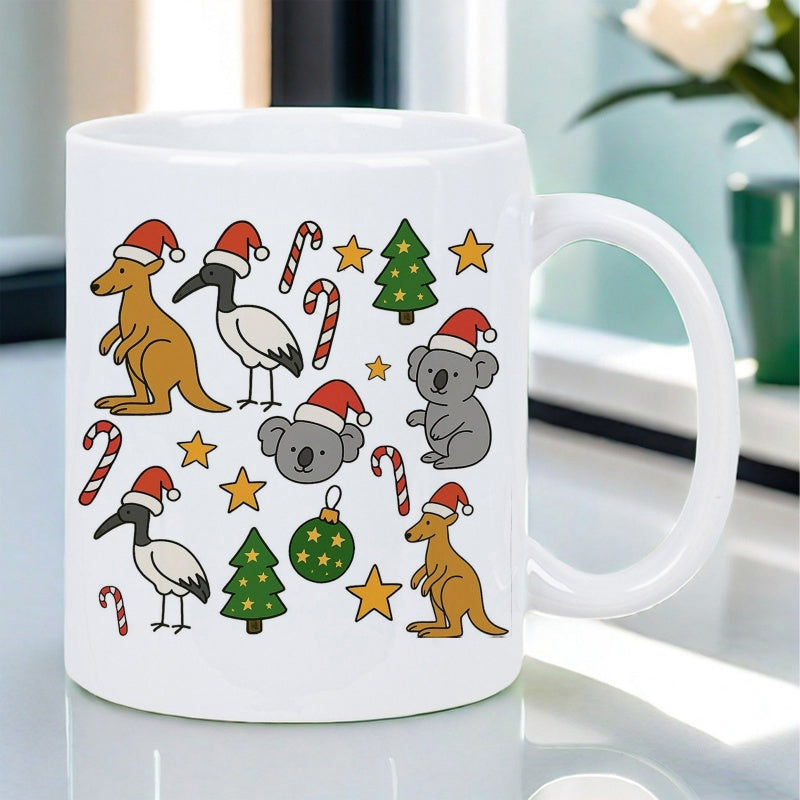Tailorly White Ceramic 11 oz Mug - Festive Australian Animals Wearing Santa Hats Surrounded By Stars And Candy Canes Koala