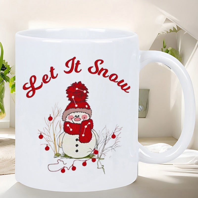 Tailorly White Ceramic 11 oz Mug - Let It Snow Charming Winter Scenery With Berries And A Cozy Knitted Hat Snowman