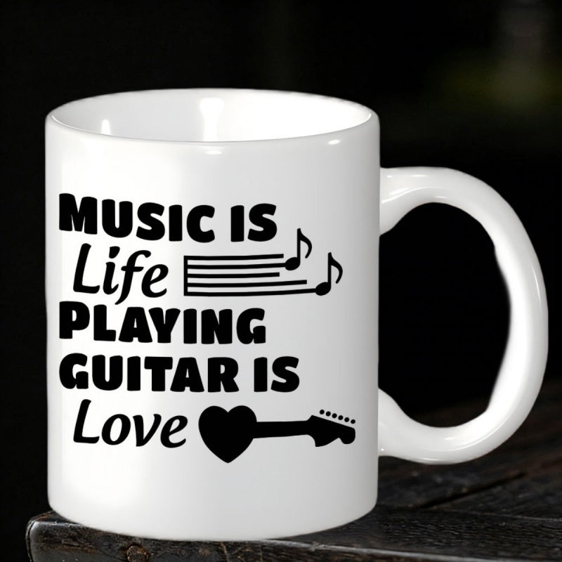 Tailorly White Ceramic 11 oz Mug - Music Is Life Playing Guitar Is Love Melodic Symbols Floating Over Heart Shaped Silhouette With Musical Strings Guitar