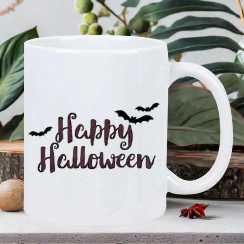 Tailorly White Ceramic 11 oz Mug - Happy Halloween Spooky Black Silhouettes Of Bats Flying Over Festive Greeting Bat