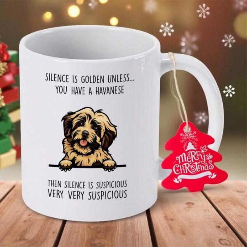 Tailorly White Ceramic 11 oz Mug - Silence Is Golden Unless You Have A Havanese Then Silence Is Suspicious Very Very Suspicious Cute Fluffy Havanese Puppy Peeking